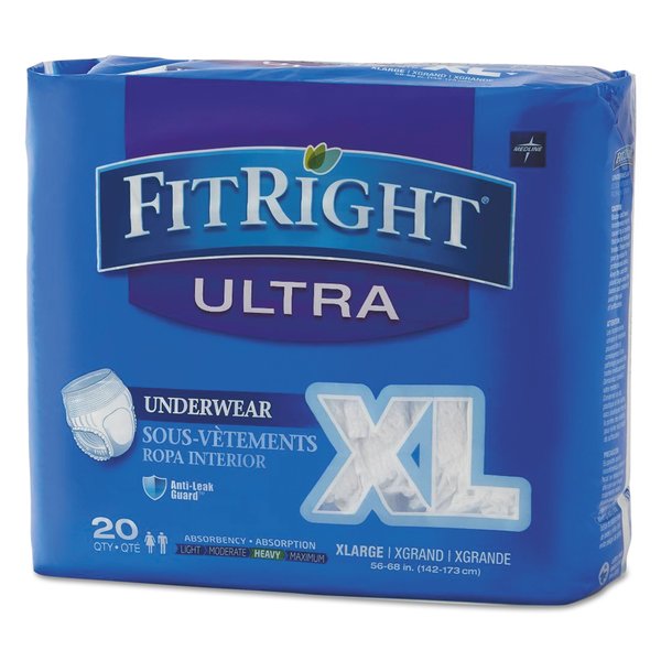 Medline FitRight Ultra Protective Underwear, X-Large, 56" to 68" Waist, PK80 FIT23600A